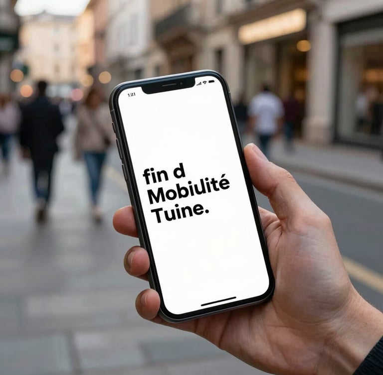 Mockup de l'application mobile de mobilité sur un écran de smartphone tenu en main dans une rue pavée animée, éclairage de fin d'après-midi.