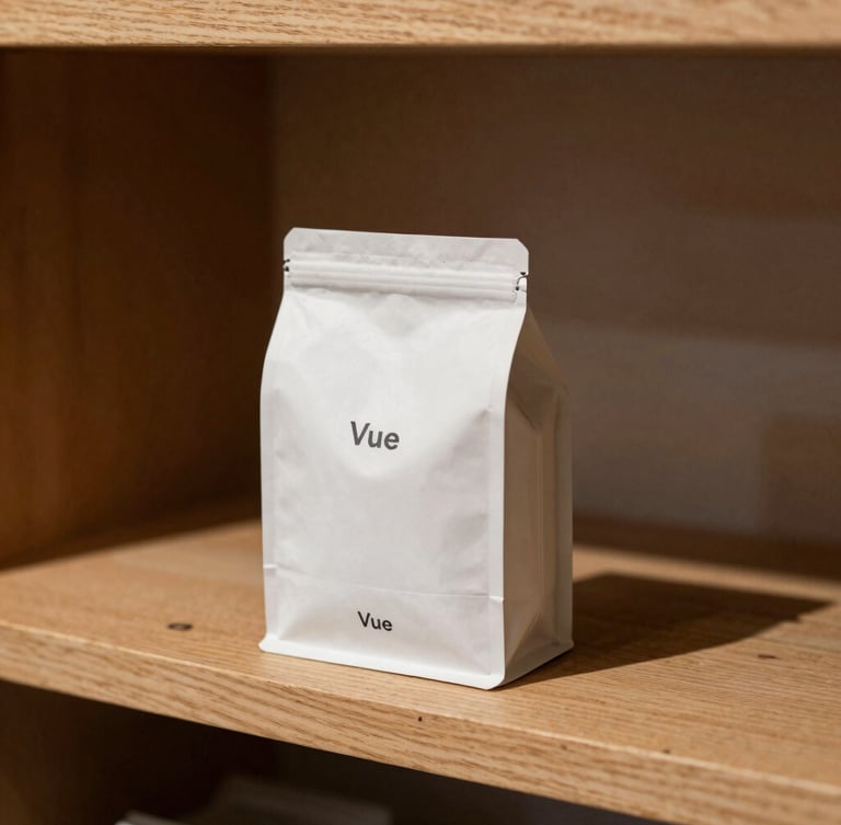 Vue rapprochée d'un packaging de boisson minimaliste posé sur une étagère en bois brut, ombre nette et lumière directe de studio.