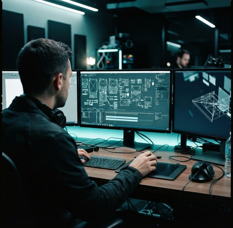 High-contrast studio shot of a video editing bay, focused on screens with wireframes, dynamic over-the-shoulder angle, subtle teal gel lighting, sharp focus, 35mm