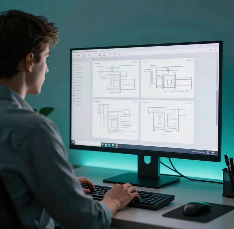 A medium environmental portrait of a focused specialist working at a sleek modern workstation, screen showing design wireframes, subtle teal gel lighting, over-the-shoulder angle, sharp focus, 35mm