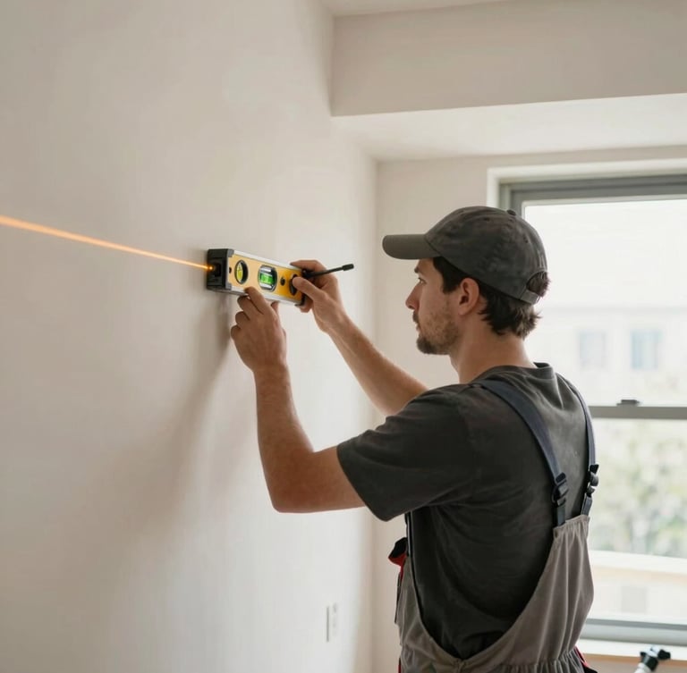 Professional installer using a laser level on a clean wall for moulding installation, dust-free vacuum equipment visible, bright indoor light
