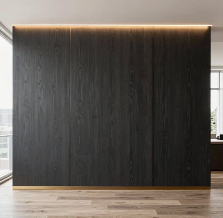 Straight-on architectural portrait of a premium custom TV backdrop in a modern apartment, dark charcoal wood panels aligned to the millimeter, subtle brass trim accents, warm integrated LED lighting, bright daylight, sharp focus