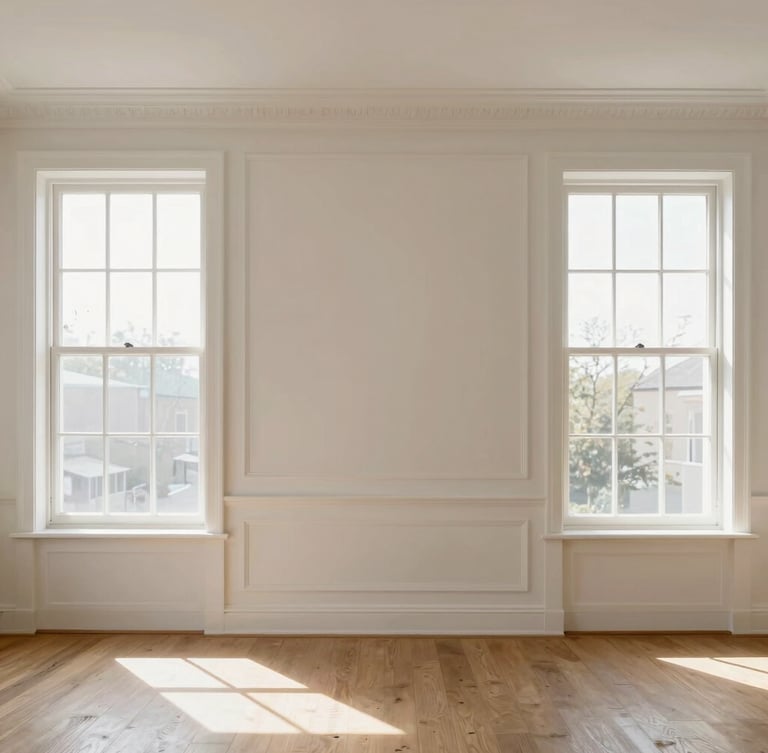 Straight-on architectural shot of a minimalist living room with custom wall moulding, bright natural daylight streaming through windows, highlighting textures, clean lines, 35mm lens.