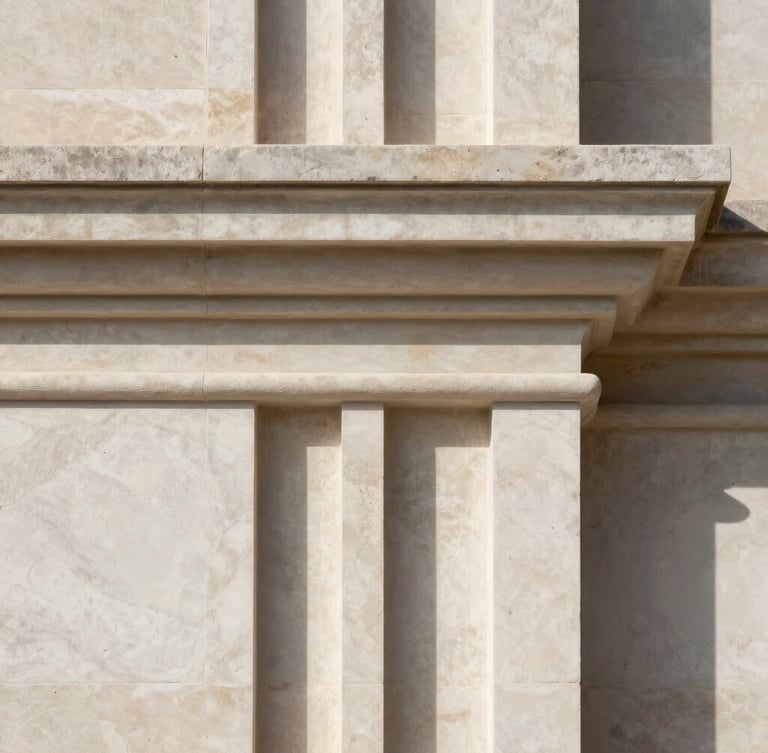 Abstract architectural detail of light limestone showing elegant shadows, clean lines, minimalist composition.