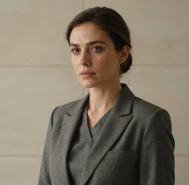 Medium-close editorial portrait of a female surgeon in a warm charcoal tailored blazer, looking thoughtfully past the camera, soft natural side lighting, minimalist limestone background.