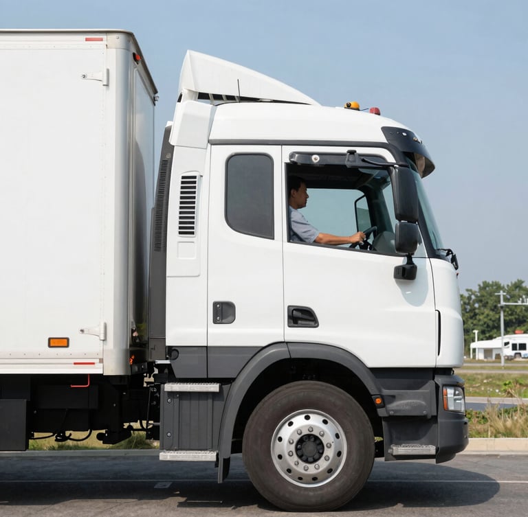 Close-up portrait of a professional Mexican transport operator in a clean uniform, smiling confidently, holding a steering wheel, warm morning light, professional commercial photography
