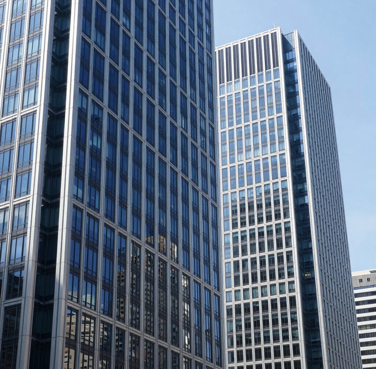 Crisp corporate photography of modern architectural office towers in Mexico City, cool natural daylight, royal blue and silver tones, 35mm.