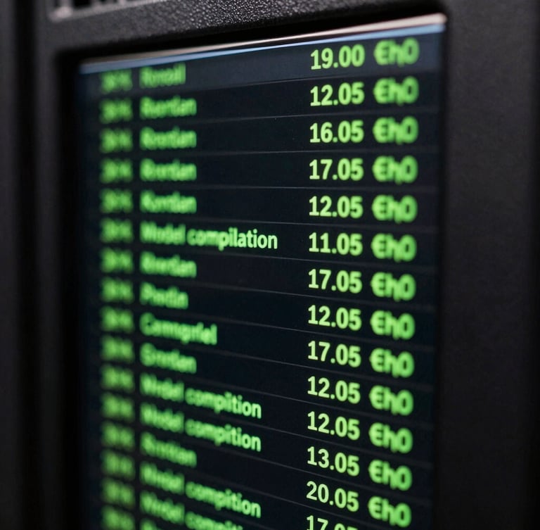 Macro crop of a server rack terminal displaying real-time model compilation logs, neon green text on black screen, high contrast, digital darkroom lighting.