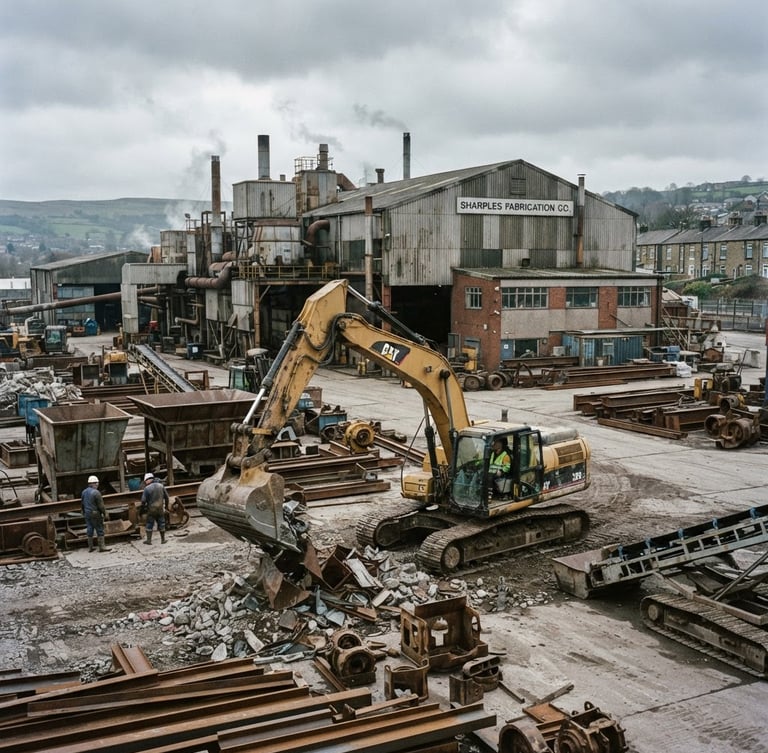 Wide environmental shot of a West Yorkshire manufacturing yard, cool overcast daylight, desaturated slate tones, heavy industrial machinery, 35mm film.