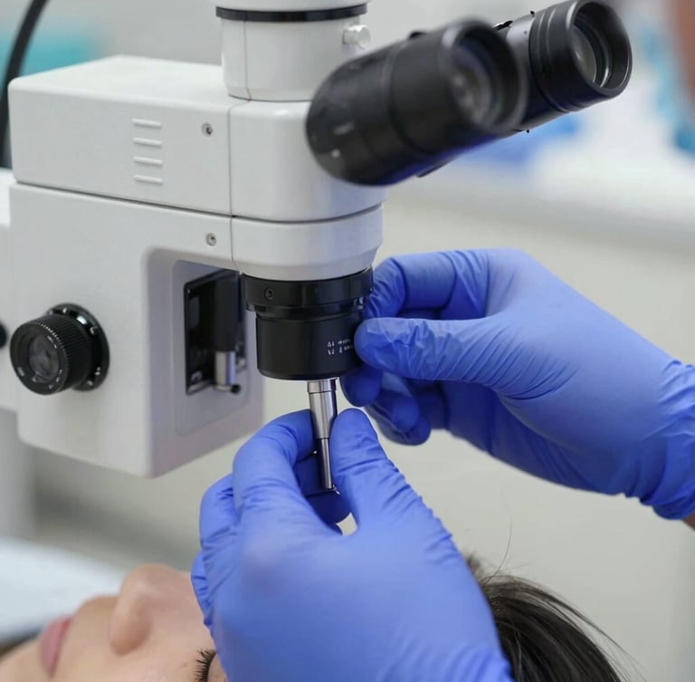 Macro close-up of hands in sterile blue gloves adjusting a high-end dental operating microscope over a patient, bright clinical daylight, sharp focus on precision instrument.
