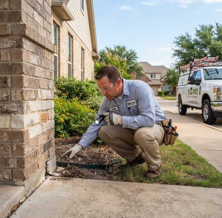 Professional pest control technician in uniform inspecting a home foundation, focused on a potential entry point, bright Texas daylight, sharp focus, 35mm lens. A service truck is parked nearby in a Granbury neighborhood.