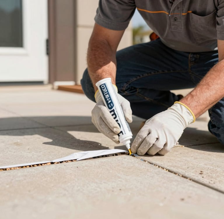 Professional local technician in uniform, wearing gloves, carefully sealing a crack in a home's foundation with caulk, focused on the hands and the seal, crisp commercial photography, bright natural Texas daylight, high-contrast clean tones, sharp focus, 35mm lens.