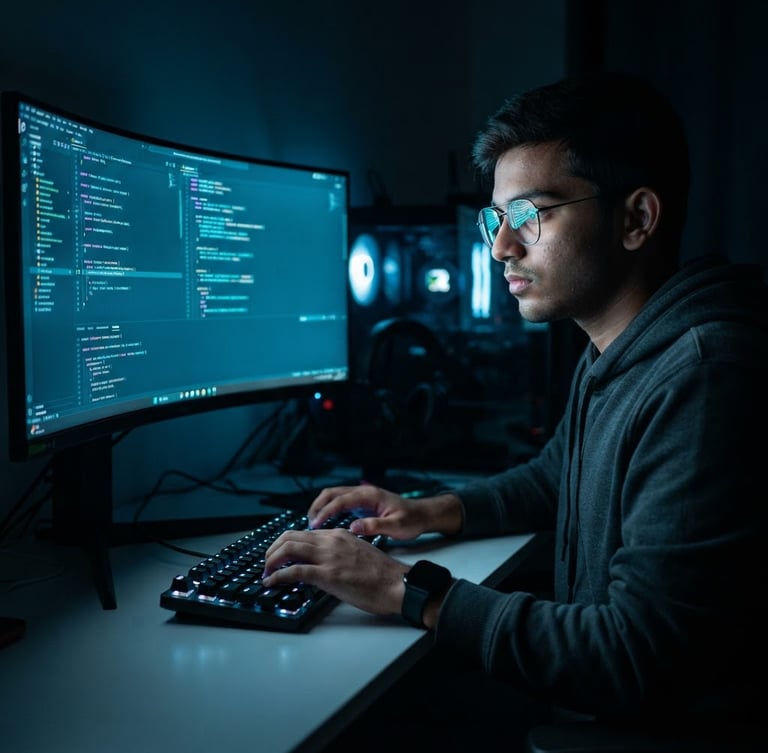 Sleek dark-mode tech photography, professional portrait of an 18-year-old Indian developer, cool neon screen glow from a monitor, deep slate and electric cyan tones, sharp focus, 35mm