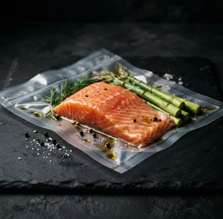 Editorial portrait of a vacuum-sealed gourmet salmon fillet with asparagus, dark moody studio lighting, matte black slate background, rich textures, gold oil droplets, 50mm lens, shallow depth of field.
