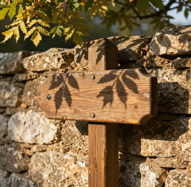 A close-up of a rustic wooden trail marker on an ancient dry-stone wall, dappled sunlight filtering through chestnut leaves, warm editorial photography, shallow depth of field