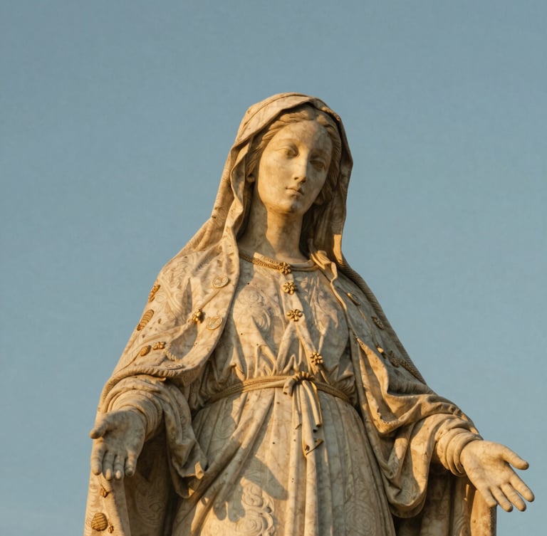 Close-up of the historical stone statue of the Virgin Mary on top of the basilica, warm golden-hour light, sun-bleached stone textures, sky background, 35mm