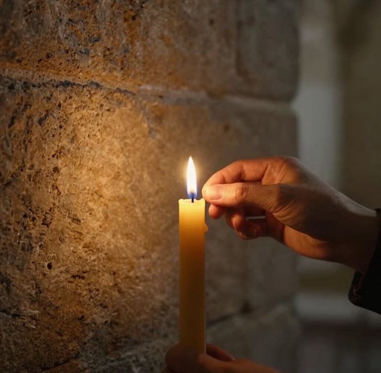 Close-up of a hand lighting a thin wax candle in the dim, warm atmosphere of a stone chapel, golden candlelight reflecting on ancient stone textures, 35mm