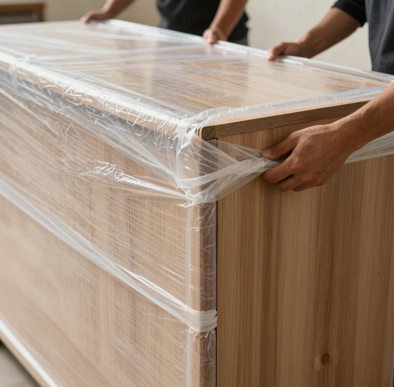 Close-up of professional movers wrapping the corners of a heavy wooden cabinet in thick double-ply protective bubble wrap, bright natural UAE daylight