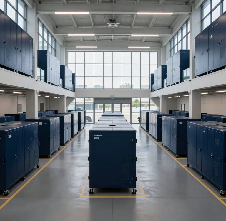 Symmetrical wide-angle shot of a modern, highly secure logistics center interior with cool daylight filtering through high windows, deep navy accents, 35mm lens.