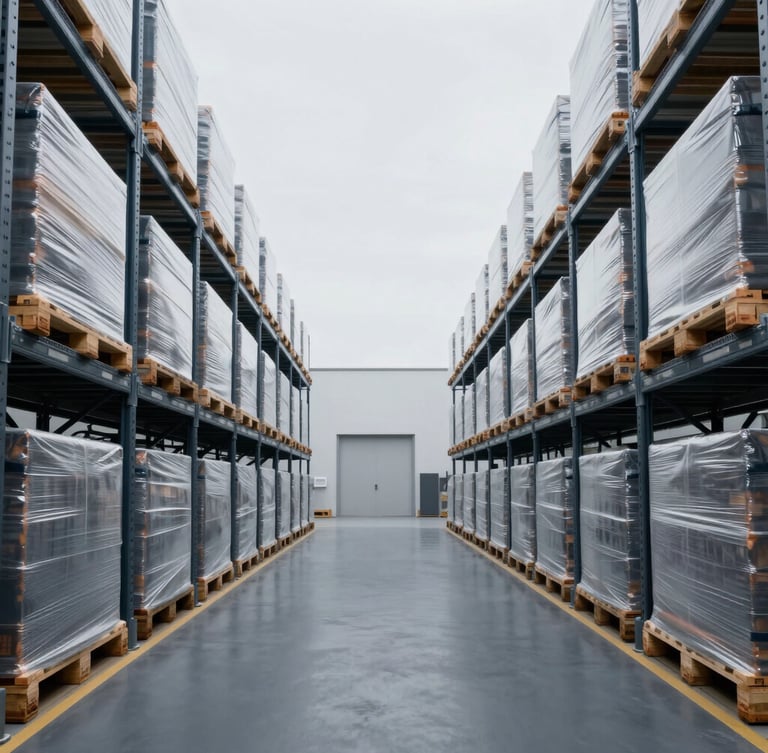 Symmetrical wide-angle shot of a modern clean logistics warehouse, sealed cargo pallets on high metal racks, cool daylight, deep navy tones