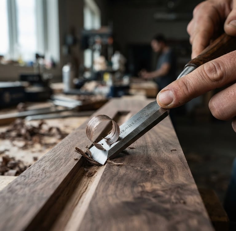 Macro close-up of a sharp steel chisel carving grain-matched walnut wood in a modern industrial workshop, natural side-lighting, shallow depth of field, sharp focus, 35mm lens