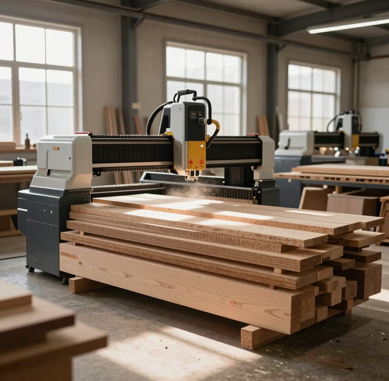 Wide shot of a clean, modern industrial carpentry workshop with active CNC machines, warm wood planks stacked neatly, dust particles catching natural side-lighting from high windows, sharp focus, 35mm lens