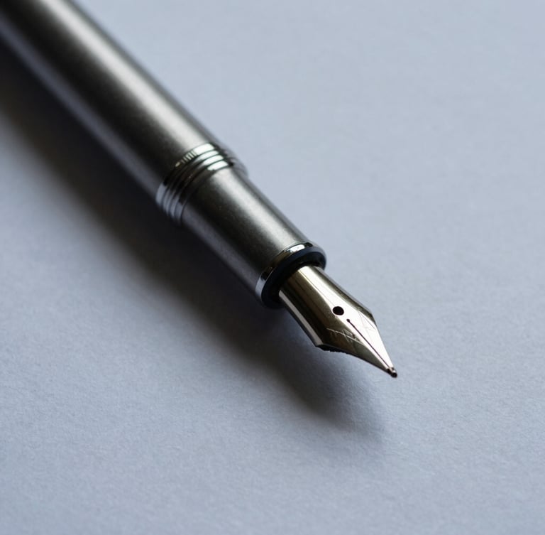Macro photograph of a heavy silver fountain pen resting on a crisp financial document, sharp focus, cool overcast daylight, deep navy shadows, architectural precision.