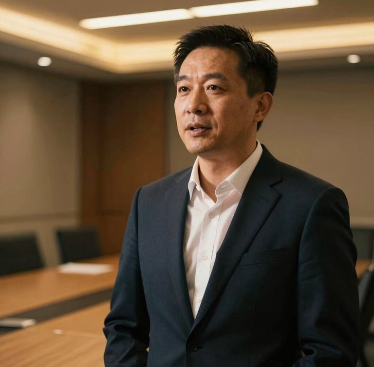 A premium, close-up editorial portrait of an executive corporate trainer speaking confidently in a modern, high-contrast boardroom with warm gold lighting accents, shallow depth of field, 35mm