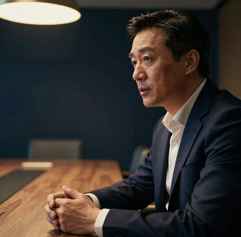 Cinematic medium-closeup of a corporate executive speaking at a modern high-end boardroom table, warm gold key light, deep navy shadows, shallow depth of field, 35mm