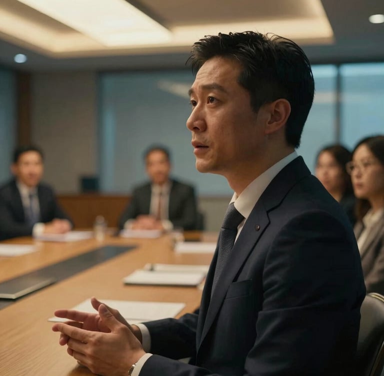 Cinematic medium-closeup of a professional facilitator leading an executive workshop in a Singapore boardroom, dramatic warm gold key lighting, cool blue ambient fills, shallow depth of field, 35mm.