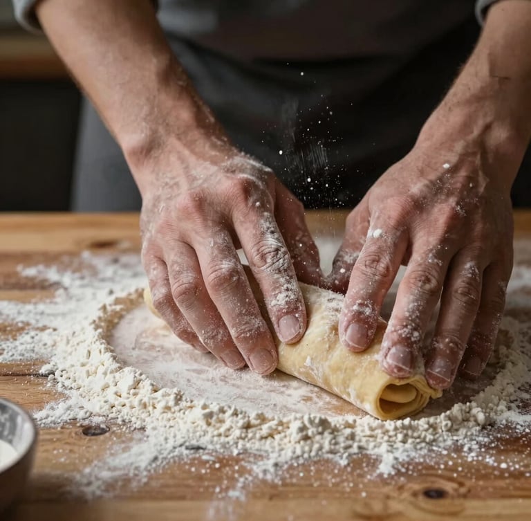 Extreme close-up of a rustic wooden table, hands dusting flour over freshly rolled pasta dough, soft side daylight highlighting individual flour particles in the air, moody atmosphere.