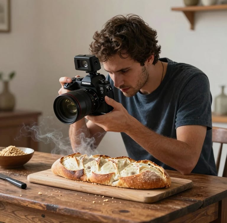 Fotógrafo ajustando câmera profissional para capturar fumaça saindo de um pão de fermentação natural recém-assado sobre mesa rústica