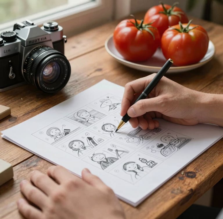 Close-up of hands sketching a storyboard on a rustic wooden table, next to a vintage camera and a plate of fresh heirloom tomatoes, soft side-lighting from a nearby window.