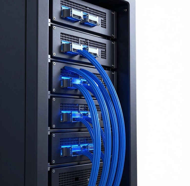 Sleek 3D render of high-performance server rack with glowing blue network cables, dark metallic chassis, extreme close-up, sharp geometric details, cool studio lighting