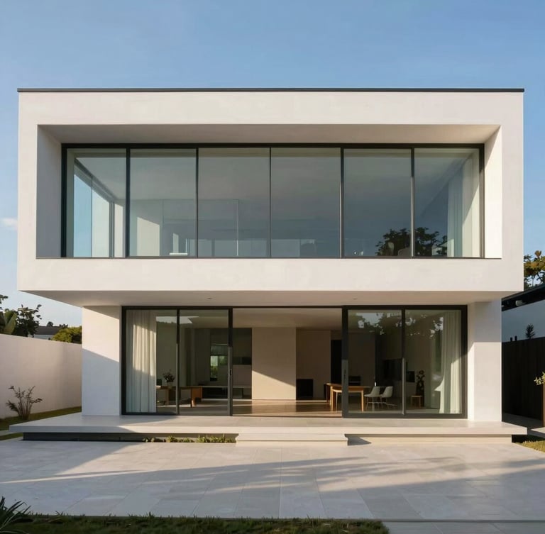 Wide-angle architectural interior of a minimalist custom home at golden hour, highlighting clean lines, expansive glass, and precise structural columns, 35mm lens