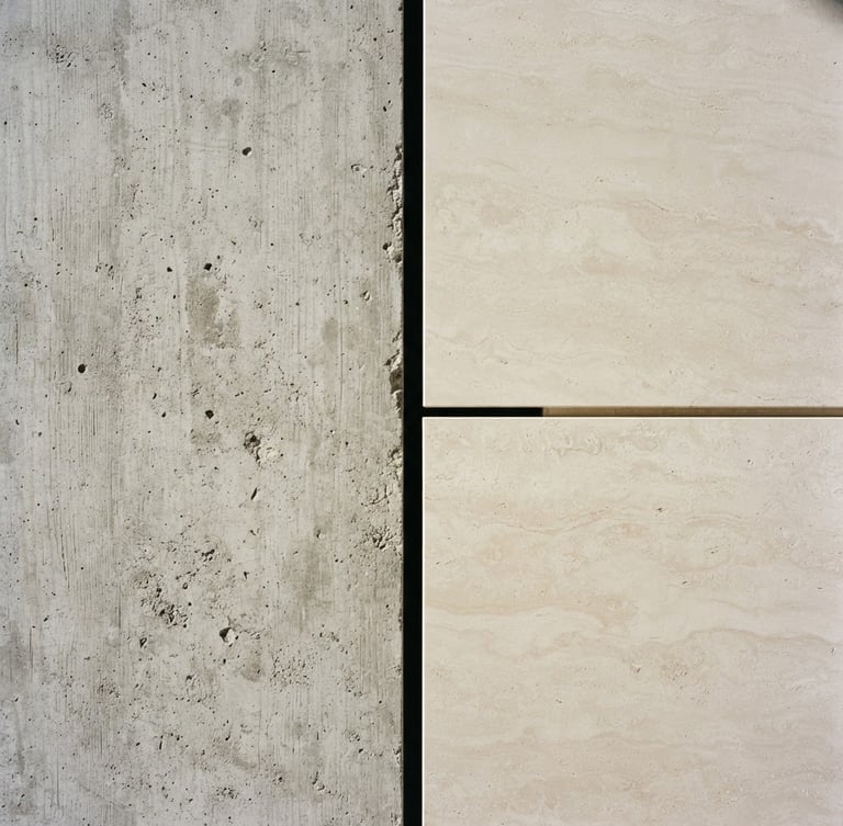 Straight-on architectural detail shot of a perfect shadow-gap joint between raw concrete and smooth travertine, crisp natural daylight, sharp shadows, 35mm lens