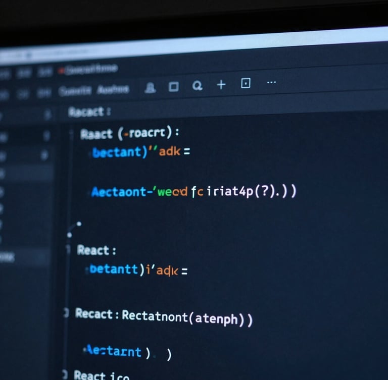 Macro shot of a clean dark-mode code editor displaying React components, soft ambient blue light from the screen illuminating subtle technical details, shallow depth of field, minimalist tech aesthetic.