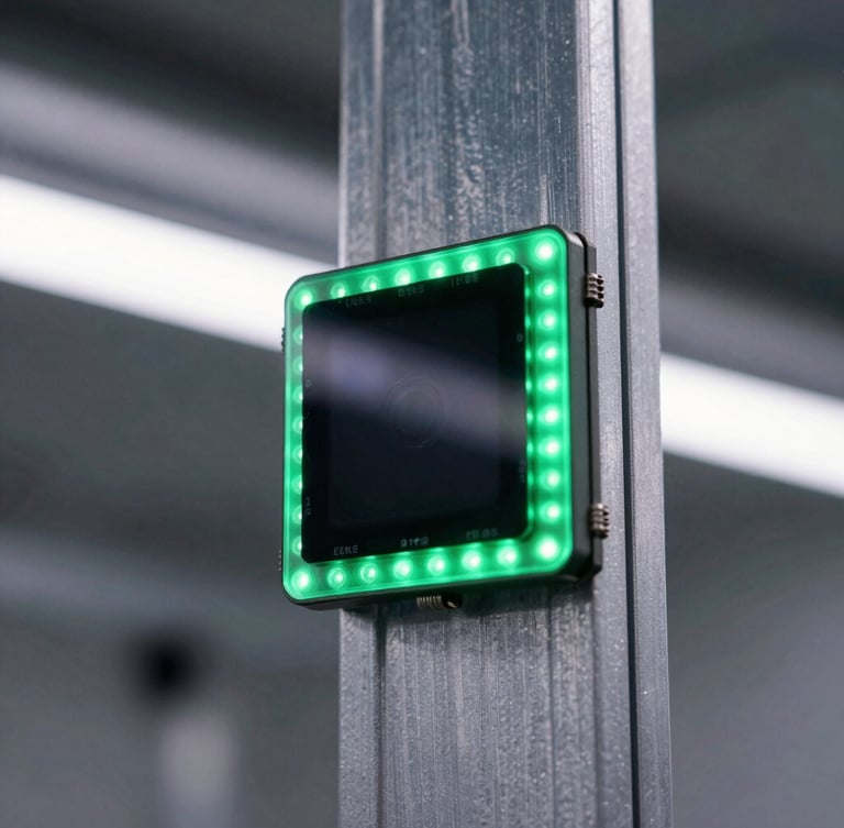 Macro shot of a high-tech Edge AI vision sensor mounted on a steel vertical grow frame, cool-toned green LED status light reflecting off metallic housing, crisp industrial photography, 35mm