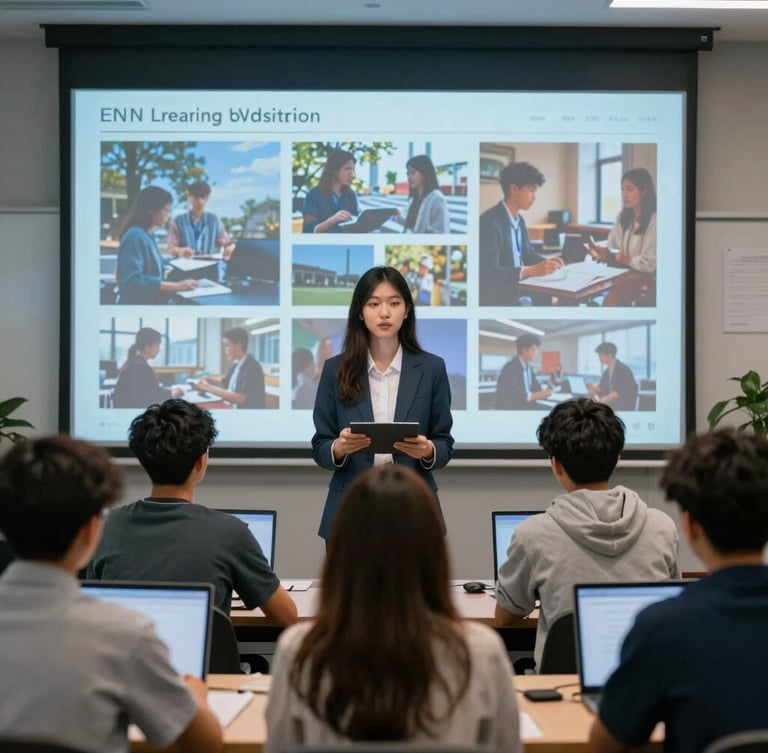 Modern learning environment with diverse high school students collaborating around a large screen displaying educational media, natural lighting with subtle blue glow, 35mm