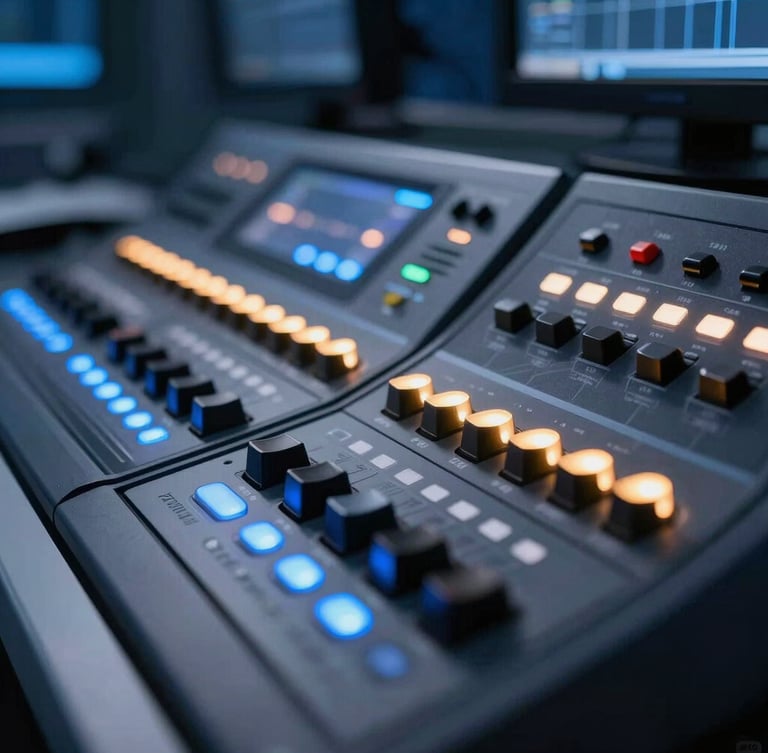 Close-up of professional broadcast equipment in a modern studio, glowing blue and amber live-indicator lights, crisp focus, 35mm