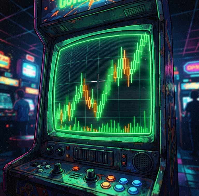 vibrant retro-arcade digital illustration of a pixelated green candlestick chart on a CRT monitor, neon green glow, electric orange accents, dynamic low-angle action