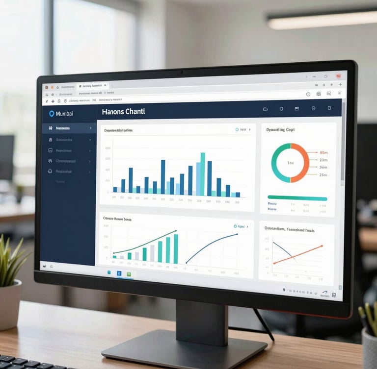 A close-up of a modern analytical dashboard on a monitor screen in a bright Mumbai office, natural daylight, professional corporate atmosphere, 35mm lens.