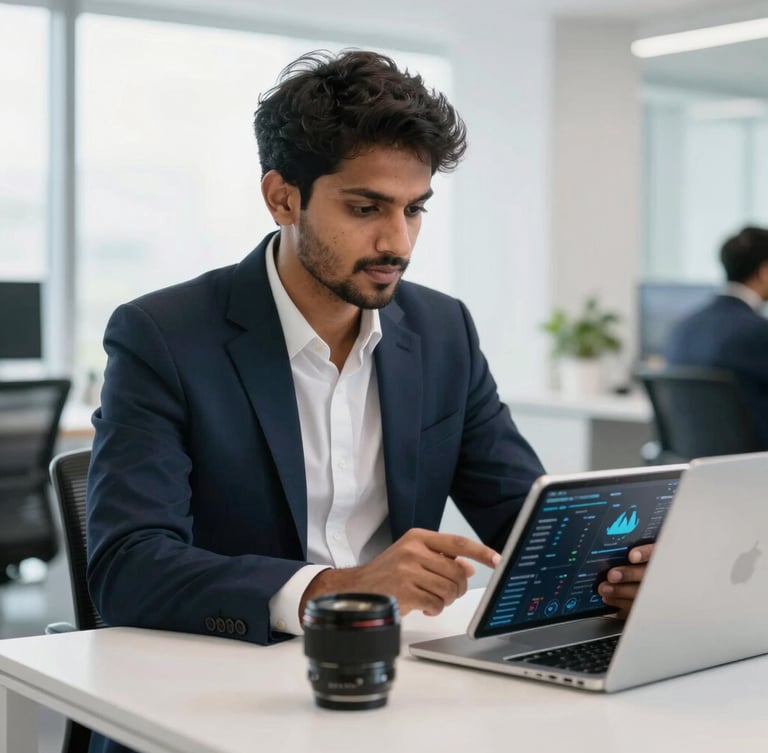 A professional strategist analyzing a live marketing dashboard on a tablet in a bright Mumbai office, 35mm lens, natural light