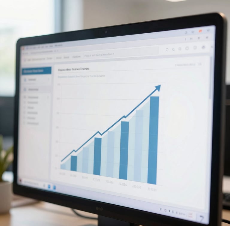 Close-up of a clean analytics dashboard on a screen in a bright Mumbai office, showing upward organic traffic charts, natural daylight.