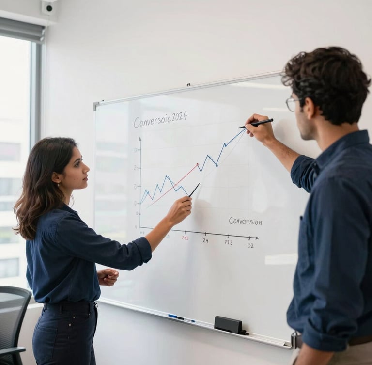 A bright, natural daylight shot of a modern Mumbai office, digital marketing strategists mapping conversion metrics on a whiteboard, crisp navy and clean white tones, 35mm lens.