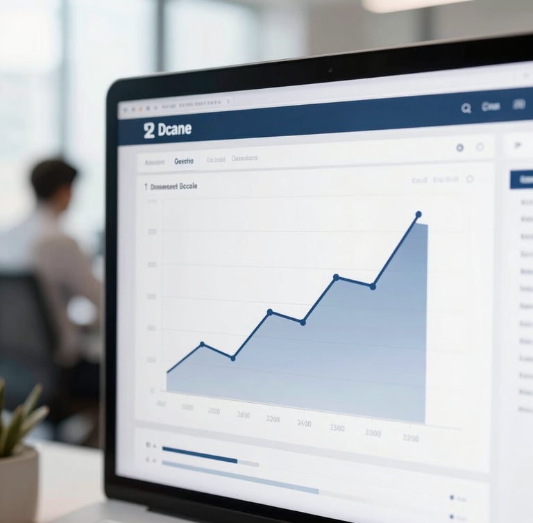 Close-up of a clean analytics dashboard on a screen in a bright office, displaying positive growth charts, soft natural daylight, professional environment.