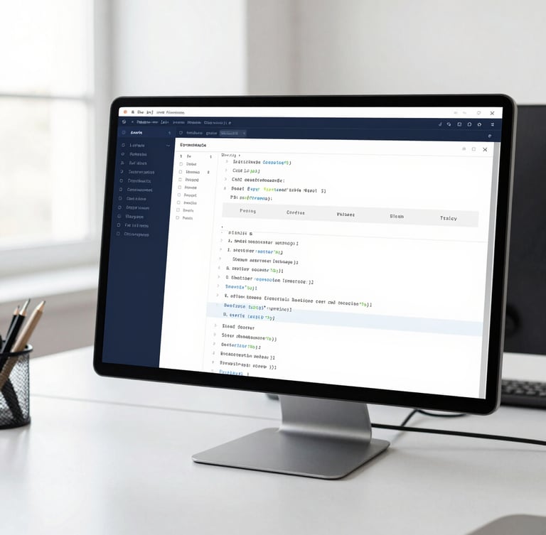 Crisp editorial photo of a modern web development workspace in Mumbai, bright daylight, clean code editor on a high-resolution screen showing structured layout, 35mm lens