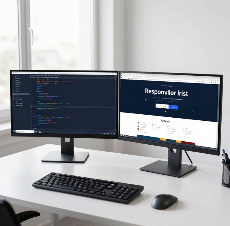 A professional developer's desk in Mumbai, natural window light, dual screens showing clean structured code and a live responsive website preview, 35mm lens