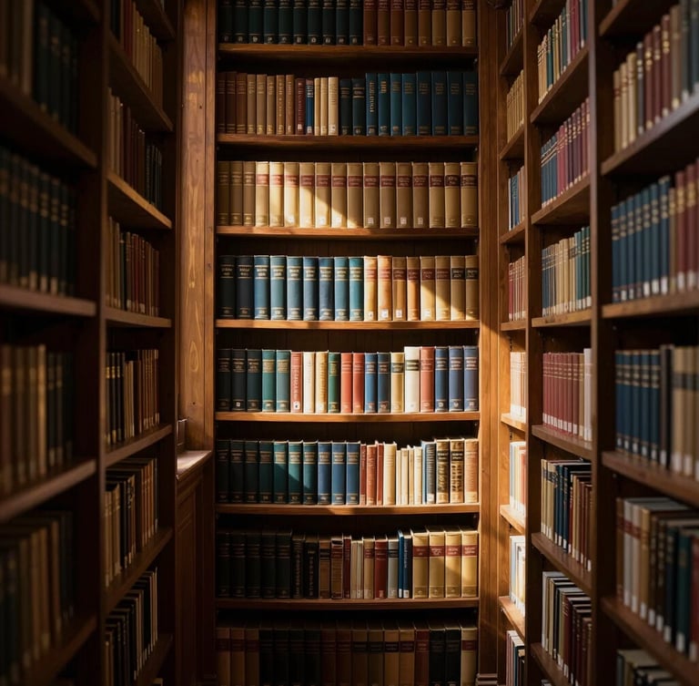 Symmetrical composition of an elegant classical library with warm golden highlights, soft directional natural light, 35mm lens