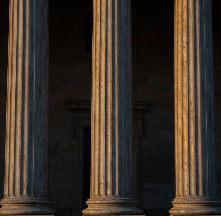 Elegant close-up of classical marble columns and architectural symmetry, dark low-key lighting, deep navy tones, golden highlights, 35mm lens